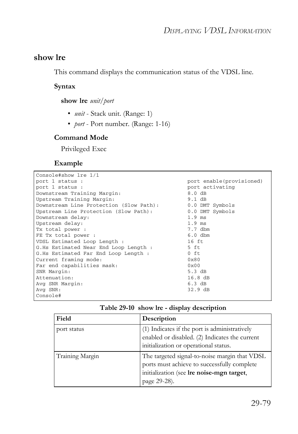Show lre, Show lre -79, Table 29-10 show lre - display description -79 | Vdsl i, 79 show lre | SMC Networks TigerAccess SMC7816M User Manual | Page 761 / 962