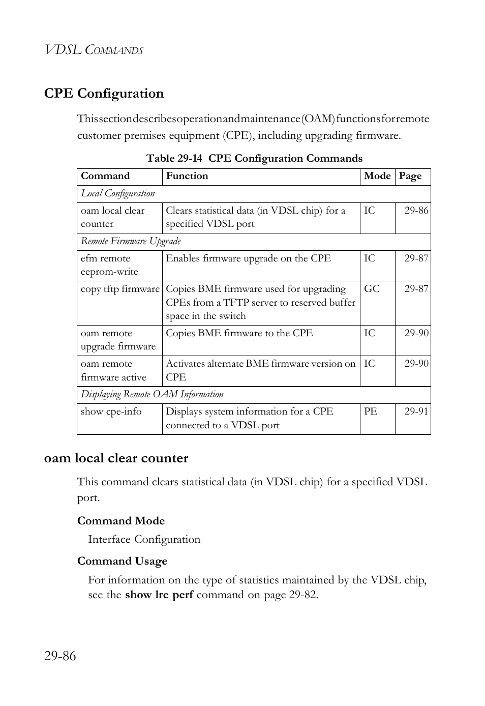 Cpe configuration, Oam local clear counter, Cpe configuration -86 | Oam local clear counter -86, Table 29-14 cpe configuration commands -86, Vdsl c, 86 cpe configuration | SMC Networks TigerAccess SMC7816M User Manual | Page 768 / 962