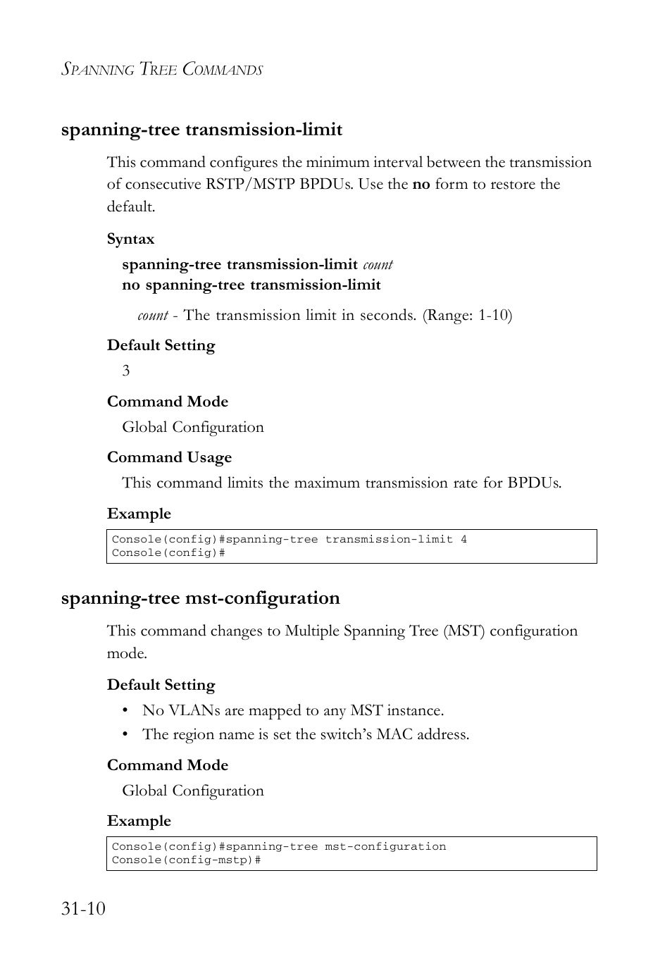 Spanning-tree transmission-limit, Spanning-tree mst-configuration, 10 spanning-tree transmission-limit | SMC Networks TigerAccess SMC7816M User Manual | Page 790 / 962
