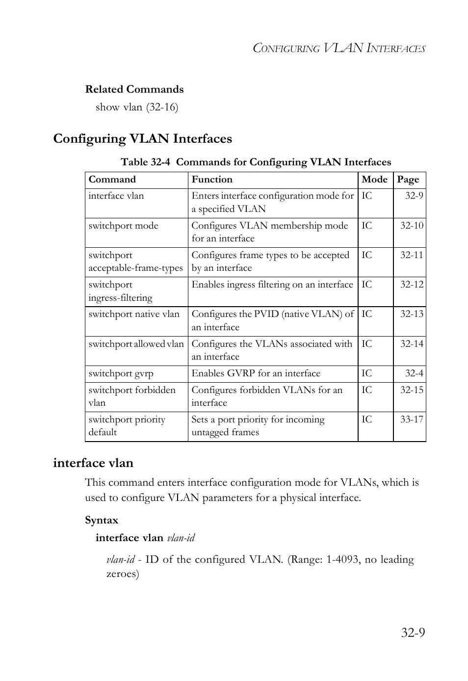 Configuring vlan interfaces, Interface vlan, Configuring vlan interfaces -9 | Interface vlan -9, Vlan i, Configuring vlan interfaces interface vlan | SMC Networks TigerAccess SMC7816M User Manual | Page 817 / 962