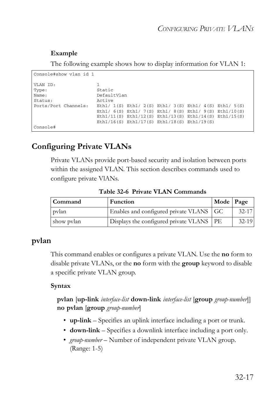 Configuring private vlans, Pvlan, Configuring private vlans -17 | Pvlan -17, Table 32-6 private vlan commands -17, Vlan | SMC Networks TigerAccess SMC7816M User Manual | Page 825 / 962