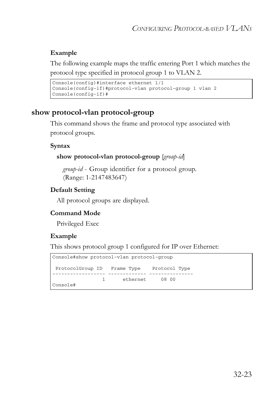 Show protocol-vlan protocol-group, Show protocol-vlan protocol-group -23, Vlan | SMC Networks TigerAccess SMC7816M User Manual | Page 831 / 962