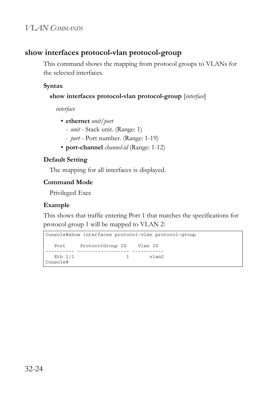 Show interfaces protocol-vlan protocol-group, Show interfaces protocol-vlan protocol-group -24, Vlan c | 24 show interfaces protocol-vlan protocol-group | SMC Networks TigerAccess SMC7816M User Manual | Page 832 / 962
