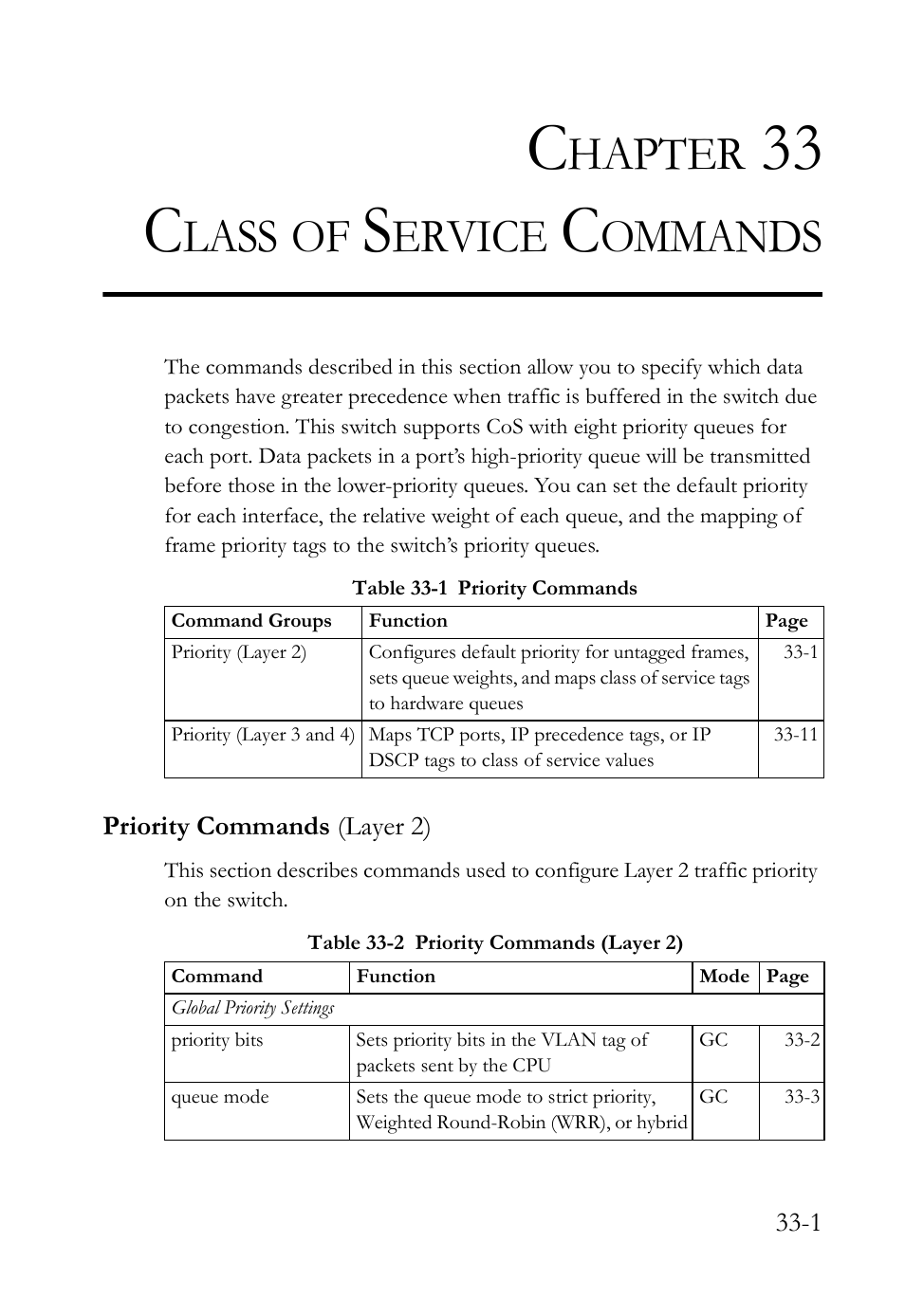 Chapter 33 class of service commands, Priority commands (layer 2), 33 class of service commands -1 | Priority commands (layer 2) -1, Class of service commands, 33 c, Hapter, Lass, Ervice, Ommands | SMC Networks TigerAccess SMC7816M User Manual | Page 843 / 962