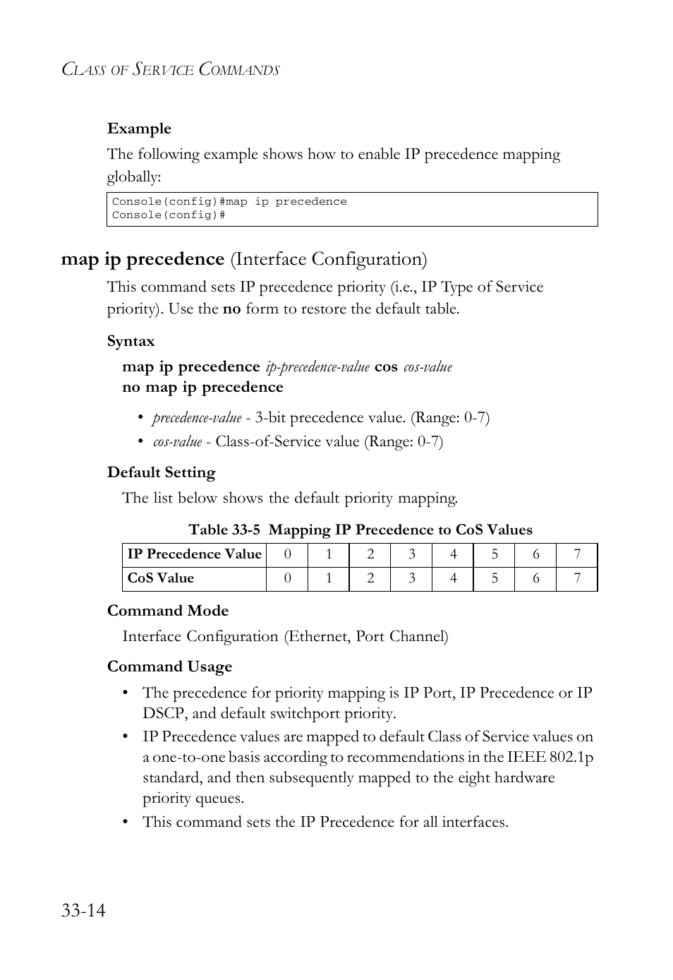 Map ip precedence (interface configuration), Map ip precedence (interface configuration) -14, Table 33-5 mapping ip precedence to cos values -14 | SMC Networks TigerAccess SMC7816M User Manual | Page 856 / 962