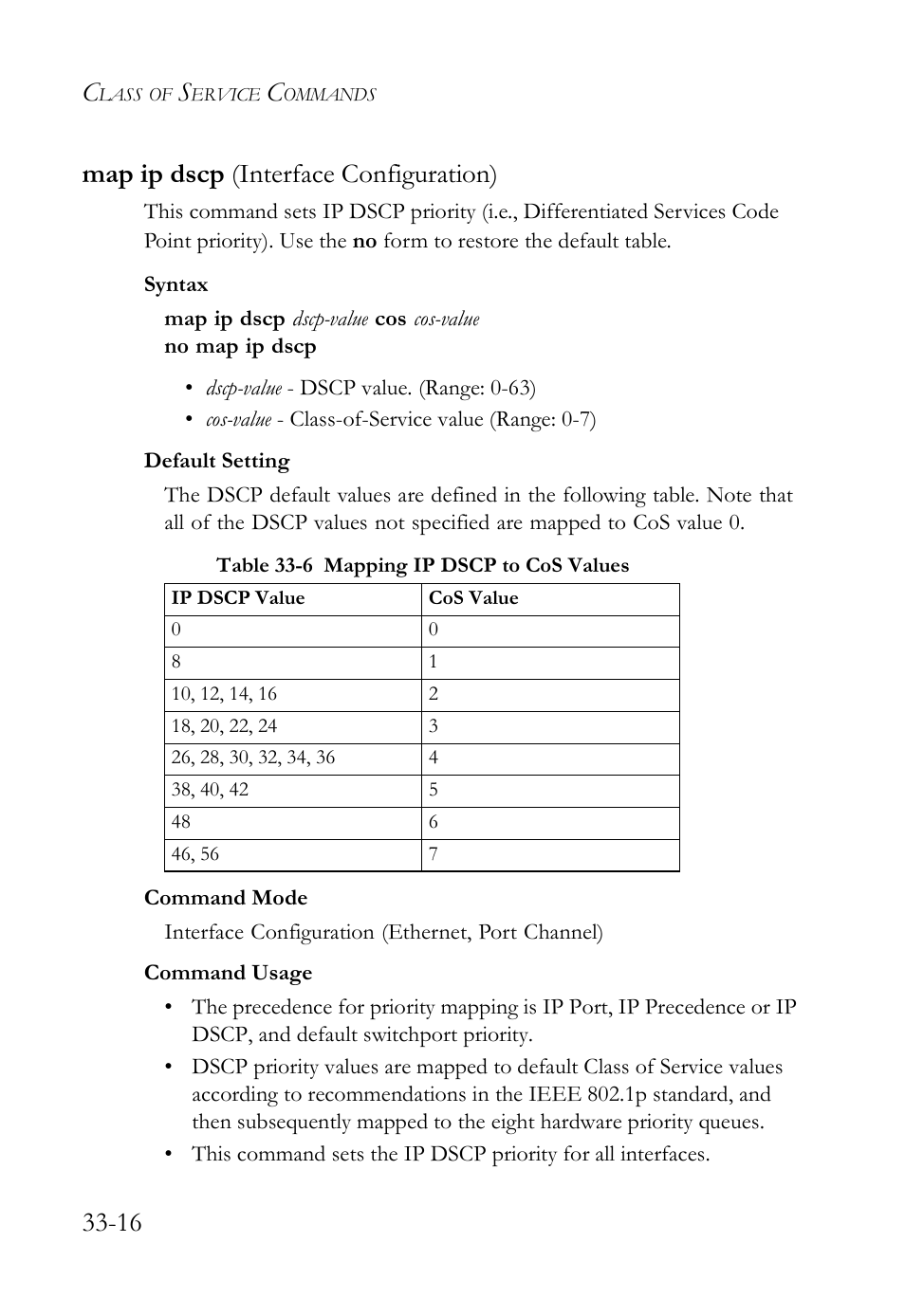 Map ip dscp (interface configuration), Map ip dscp (interface configuration) -16, Table 33-6 mapping ip dscp to cos values -16 | 16 map ip dscp (interface configuration) | SMC Networks TigerAccess SMC7816M User Manual | Page 858 / 962