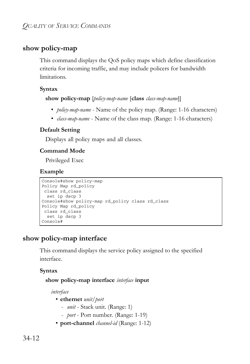 Show policy-map, Show policy-map interface, Show policy-map -12 show policy-map interface -12 | 12 show policy-map | SMC Networks TigerAccess SMC7816M User Manual | Page 874 / 962
