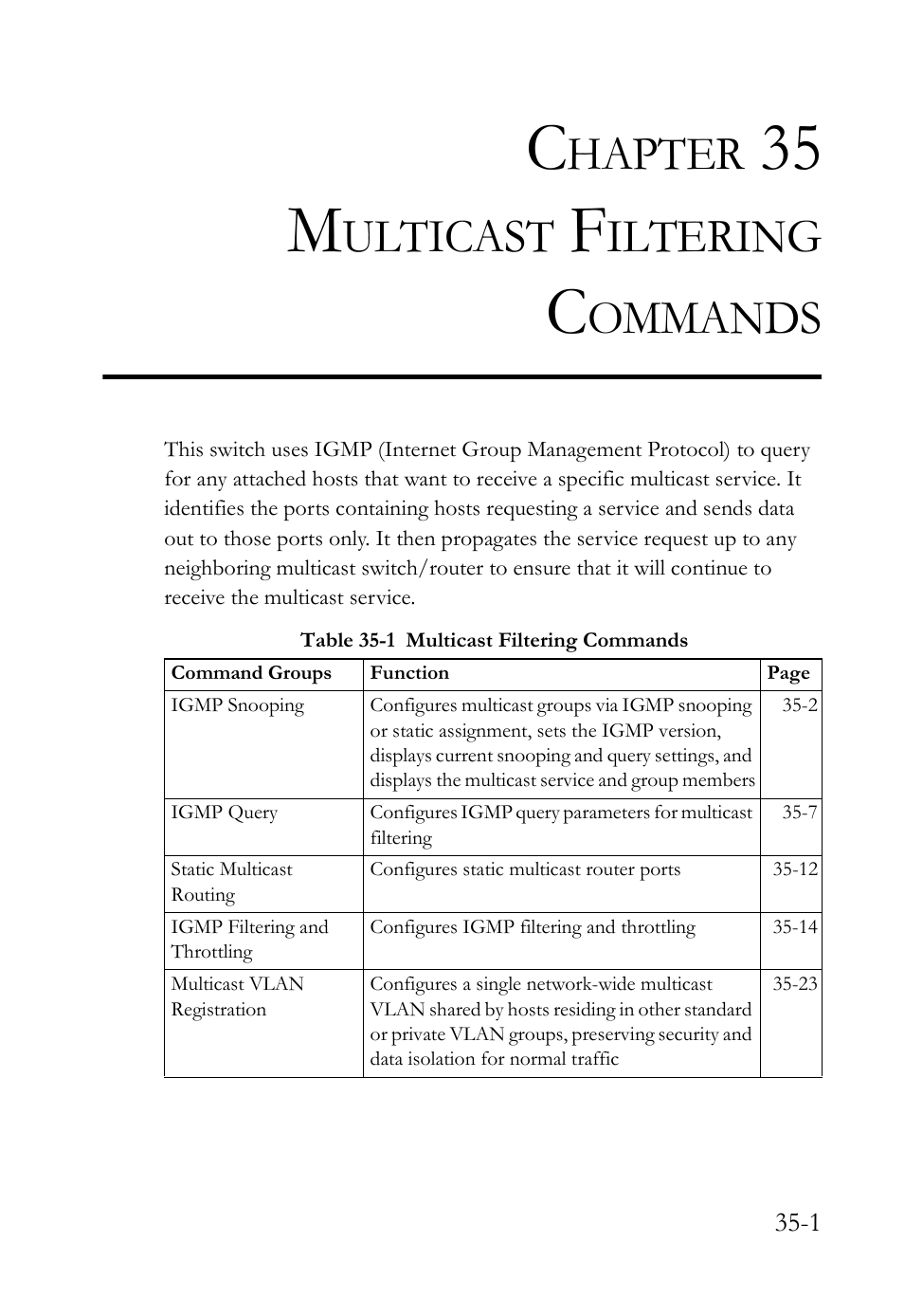 Chapter 35 multicast filtering commands, 35 multicast filtering commands -1, Table 35-1 multicast filtering commands -1 | Multicast filtering commands, 35 m, Hapter, Ulticast, Iltering, Ommands | SMC Networks TigerAccess SMC7816M User Manual | Page 877 / 962