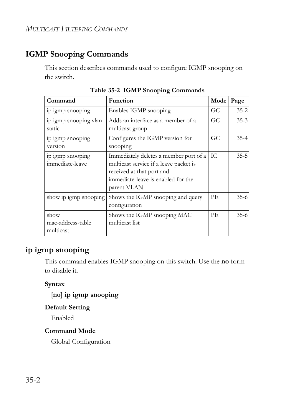 Igmp snooping commands, Ip igmp snooping, Igmp snooping commands -2 | Ip igmp snooping -2, Table 35-2 igmp snooping commands -2, 2 igmp snooping commands | SMC Networks TigerAccess SMC7816M User Manual | Page 878 / 962