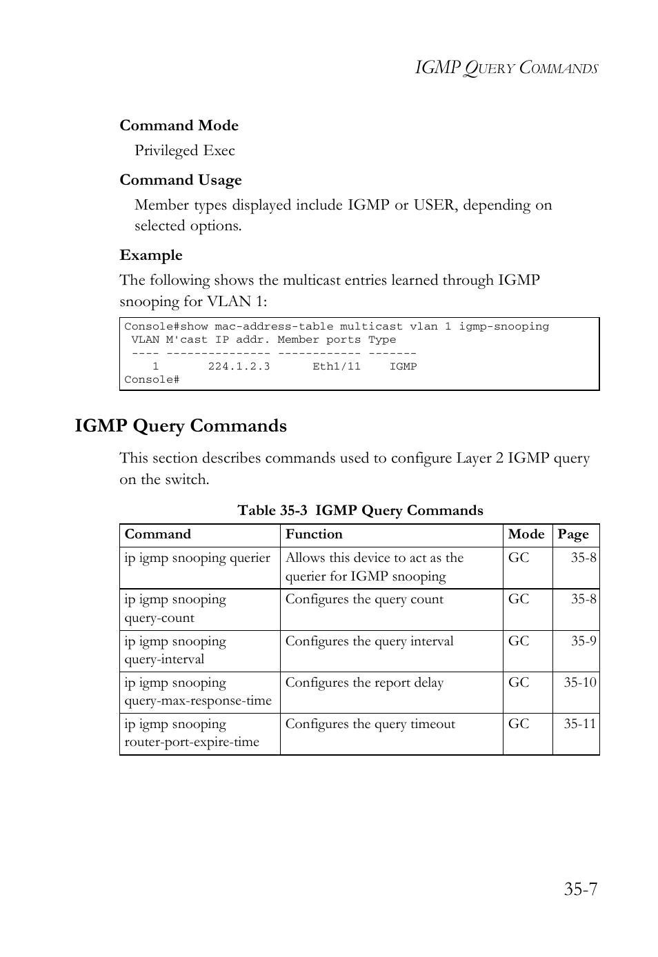 Igmp query commands, Igmp query commands -7, Table 35-3 igmp query commands -7 | Igmp q | SMC Networks TigerAccess SMC7816M User Manual | Page 883 / 962