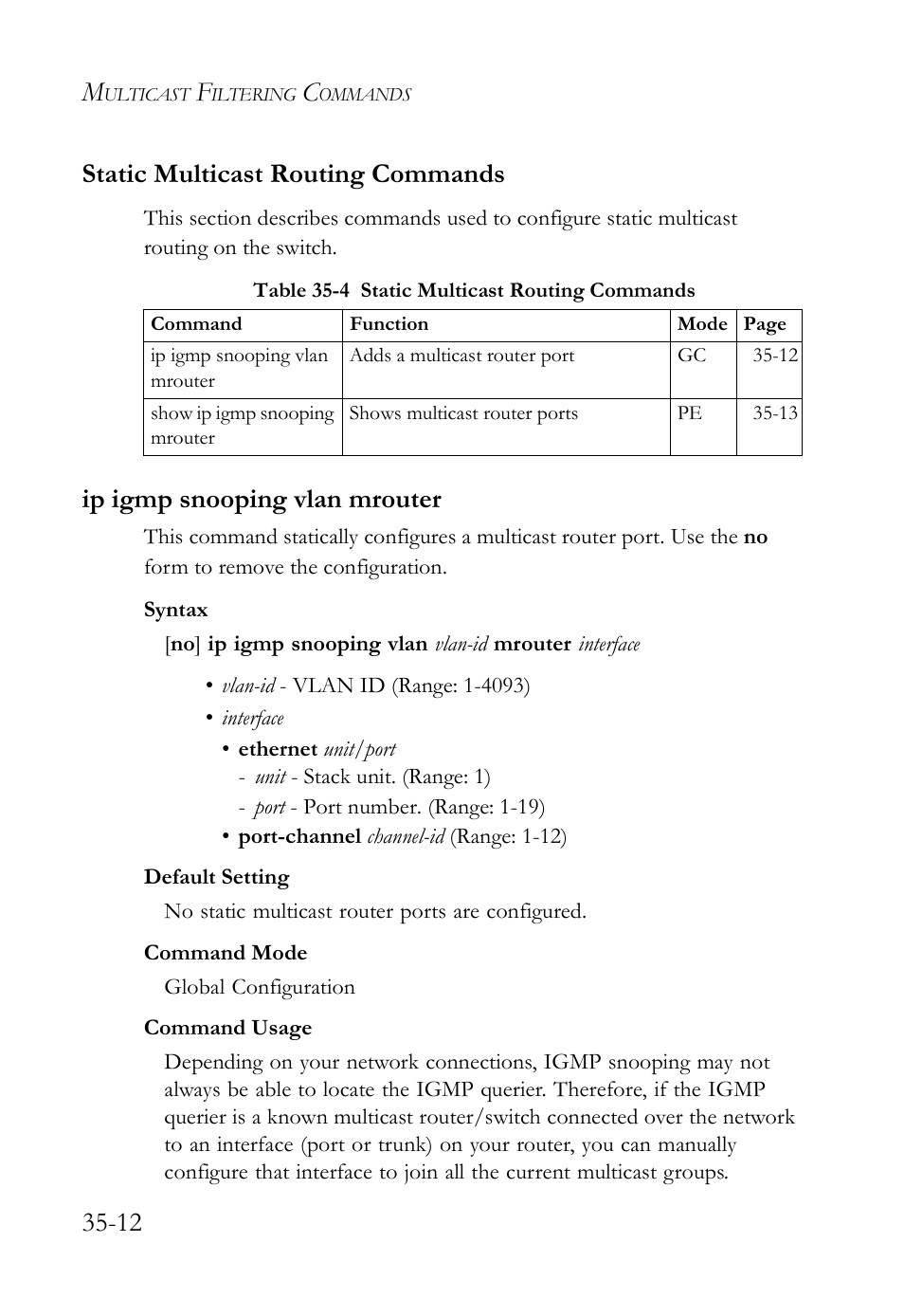 Static multicast routing commands, Ip igmp snooping vlan mrouter, Static multicast routing commands -12 | Ip igmp snooping vlan mrouter -12, Table 35-4 static multicast routing commands -12, 12 static multicast routing commands | SMC Networks TigerAccess SMC7816M User Manual | Page 888 / 962