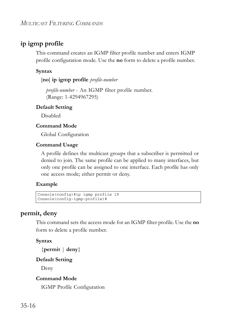Ip igmp profile, Permit, deny, Ip igmp profile -16 permit, deny -16 | 16 ip igmp profile | SMC Networks TigerAccess SMC7816M User Manual | Page 892 / 962