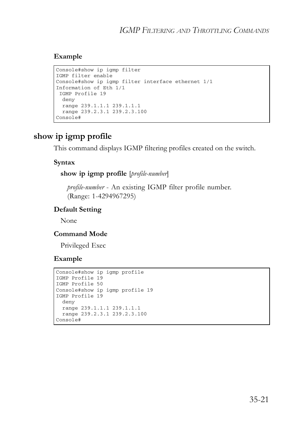 Show ip igmp profile, Show ip igmp profile -21, Igmp f | SMC Networks TigerAccess SMC7816M User Manual | Page 897 / 962