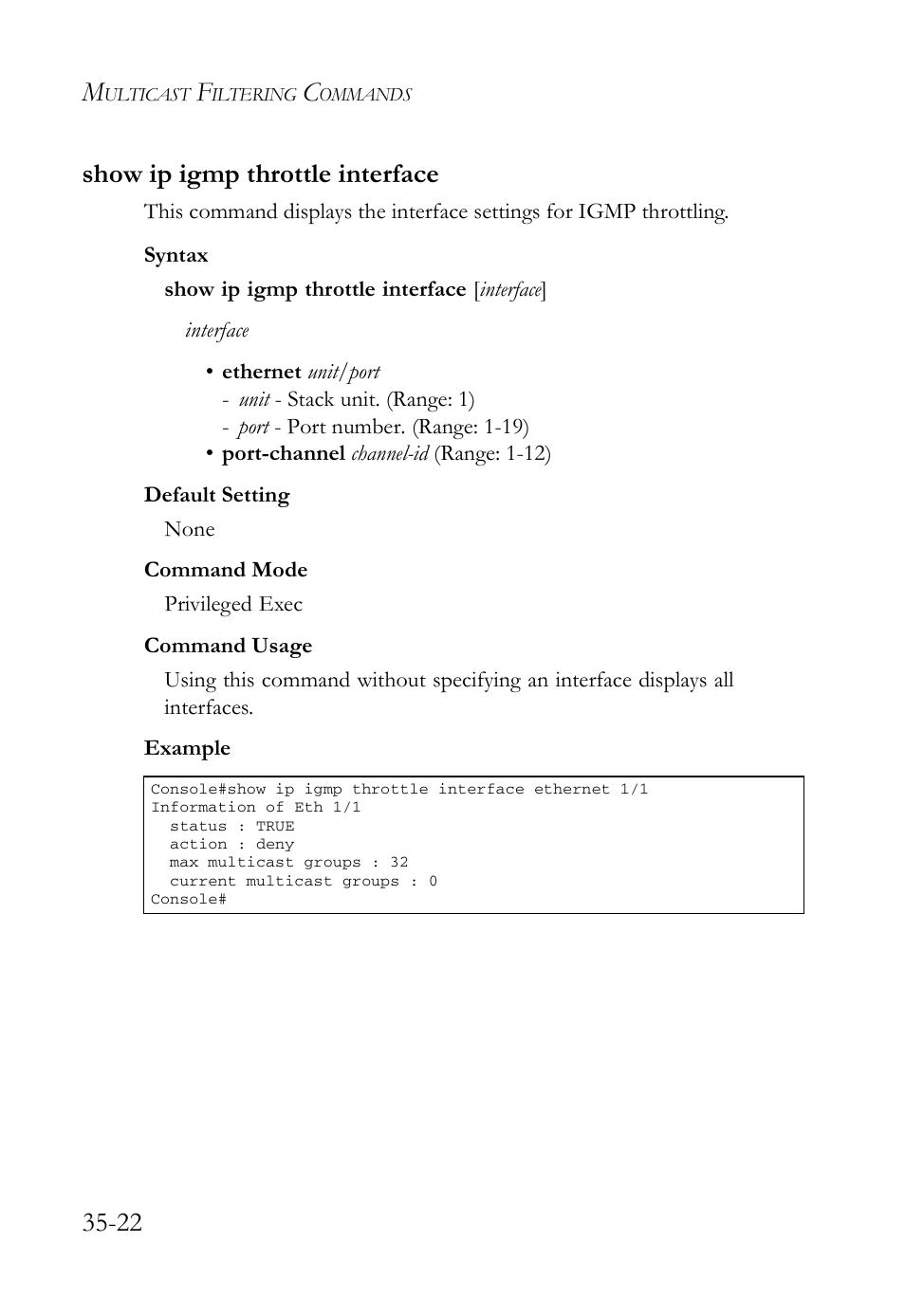 Show ip igmp throttle interface, Show ip igmp throttle interface -22, 22 show ip igmp throttle interface | SMC Networks TigerAccess SMC7816M User Manual | Page 898 / 962