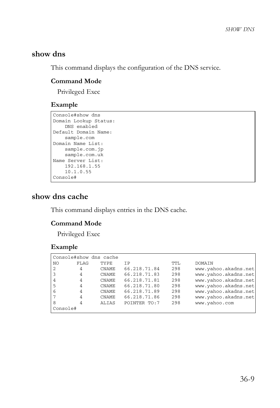 Show dns, Show dns cache, Show dns -9 show dns cache -9 | 9 show dns | SMC Networks TigerAccess SMC7816M User Manual | Page 917 / 962