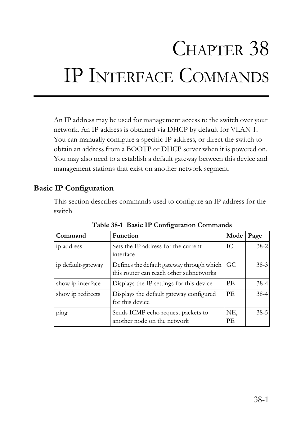 Chapter 38 ip interface commands, Basic ip configuration, 38 ip interface commands -1 | Basic ip configuration -1, Table 38-1 basic ip configuration commands -1, 38 ip i, Hapter, Nterface, Ommands | SMC Networks TigerAccess SMC7816M User Manual | Page 927 / 962