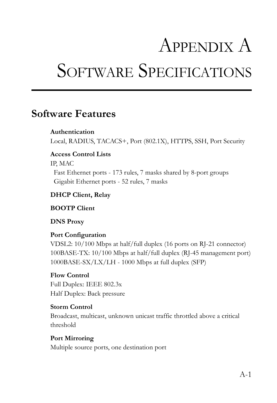 Appendix a software specifications, Software features, Software specifications | Ppendix, Oftware, Pecifications | SMC Networks TigerAccess SMC7816M User Manual | Page 935 / 962