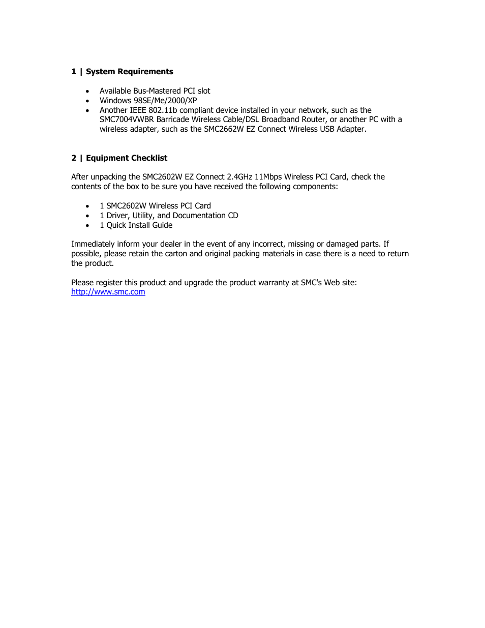 System requirements, Equipment checklist | SMC Networks SMC2602W User Manual | Page 4 / 33