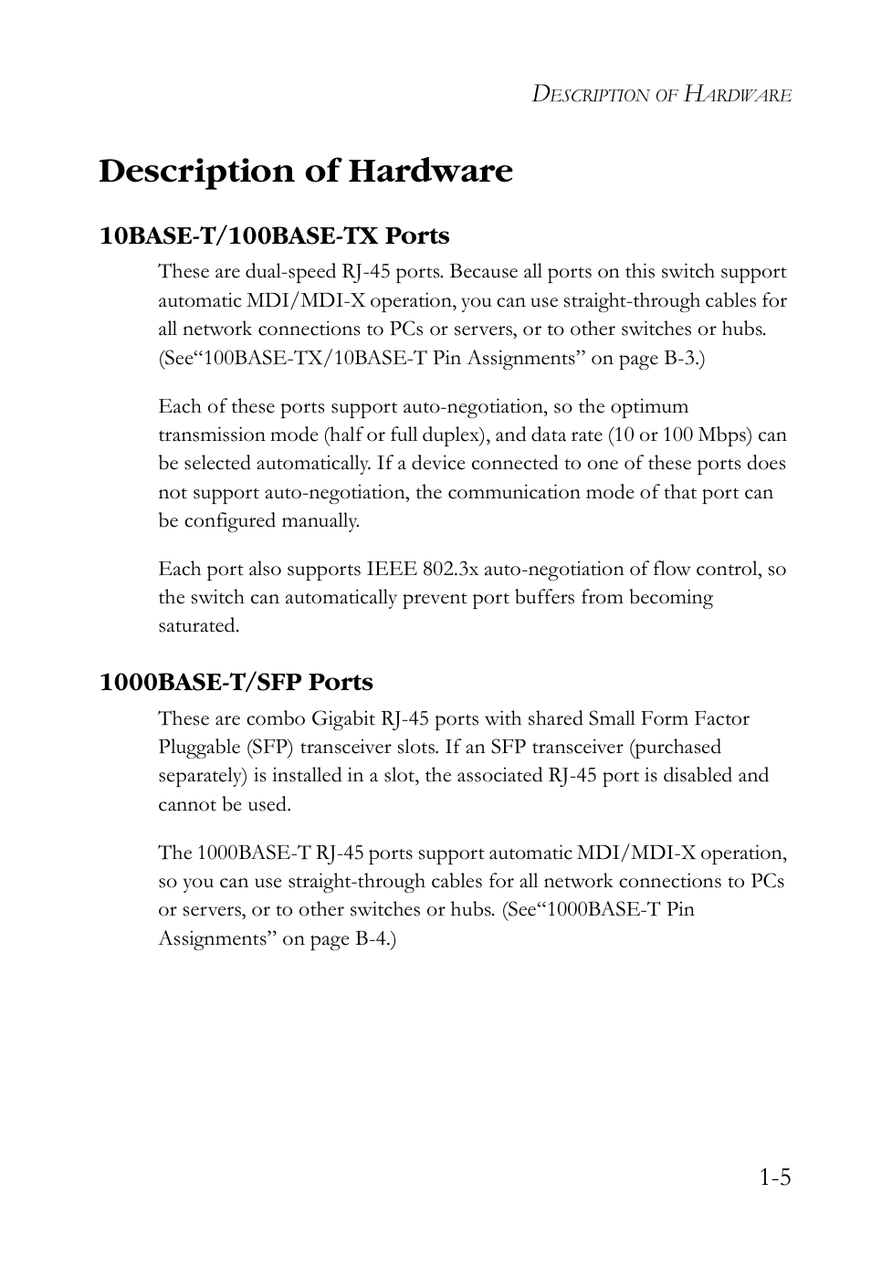 Description of hardware, 10base-t/100base-tx ports, 1000base-t/sfp ports | Description of hardware -5 | SMC Networks SMCBGSLCX1 User Manual | Page 21 / 78
