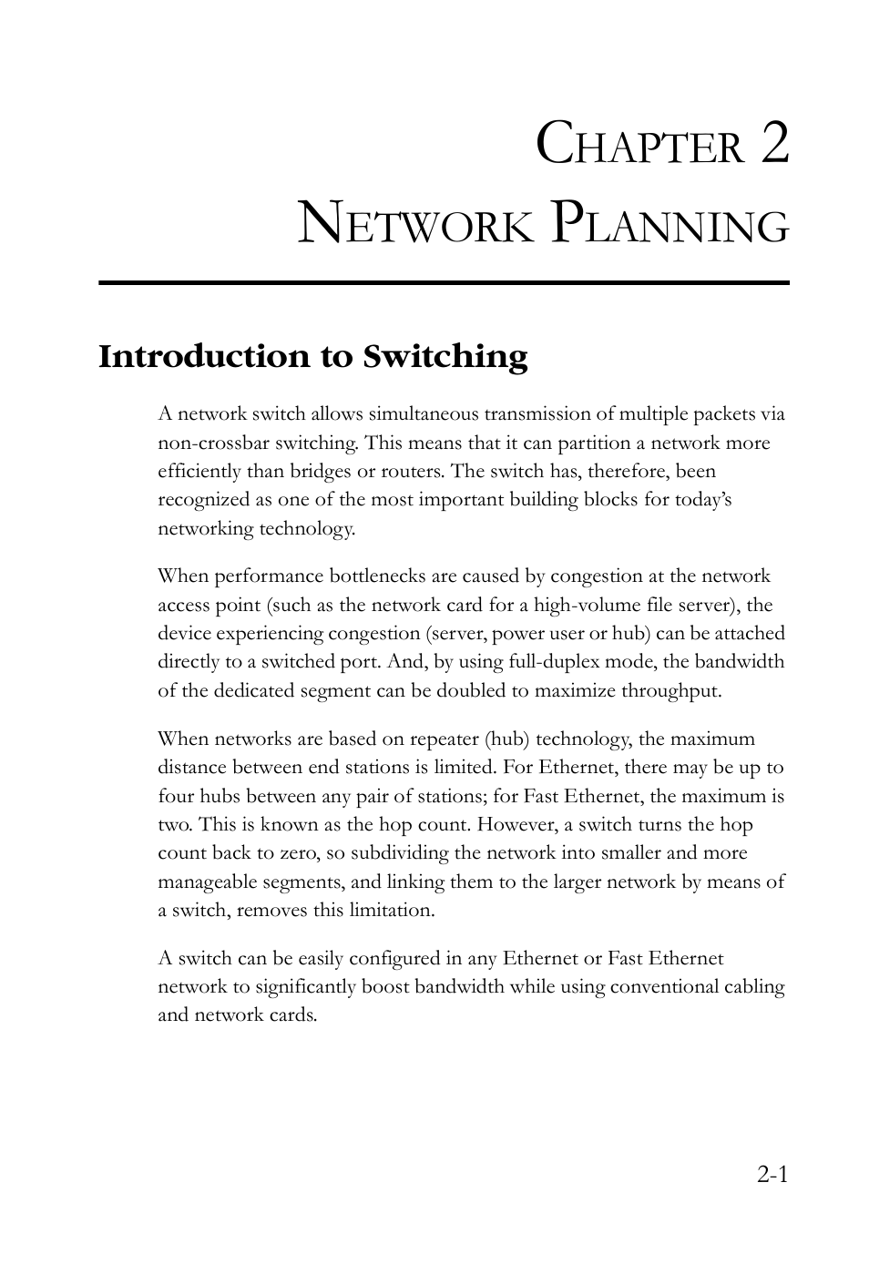 Chapter 2 network planning, Introduction to switching, 2 network planning -1 | Introduction to switching -1, Hapter, Etwork, Lanning | SMC Networks SMCBGSLCX1 User Manual | Page 29 / 78
