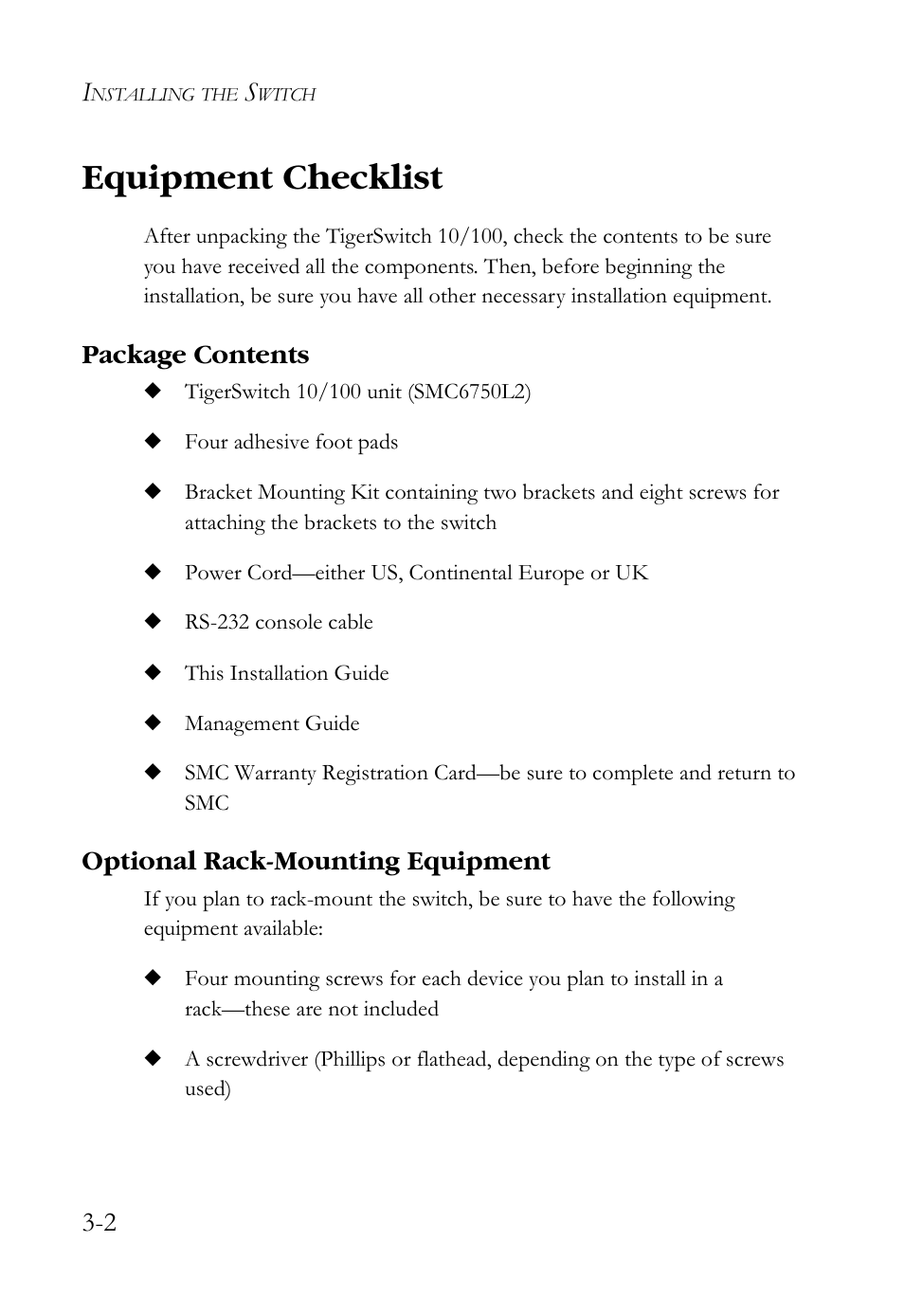 Equipment checklist, Package contents, Optional rack-mounting equipment | Equipment checklist -2 | SMC Networks SMCBGSLCX1 User Manual | Page 40 / 78