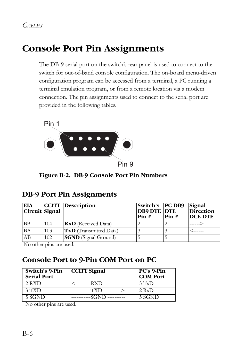 Console port pin assignments, Db-9 port pin assignments, Console port to 9-pin com port on pc | SMC Networks SMCBGSLCX1 User Manual | Page 56 / 78