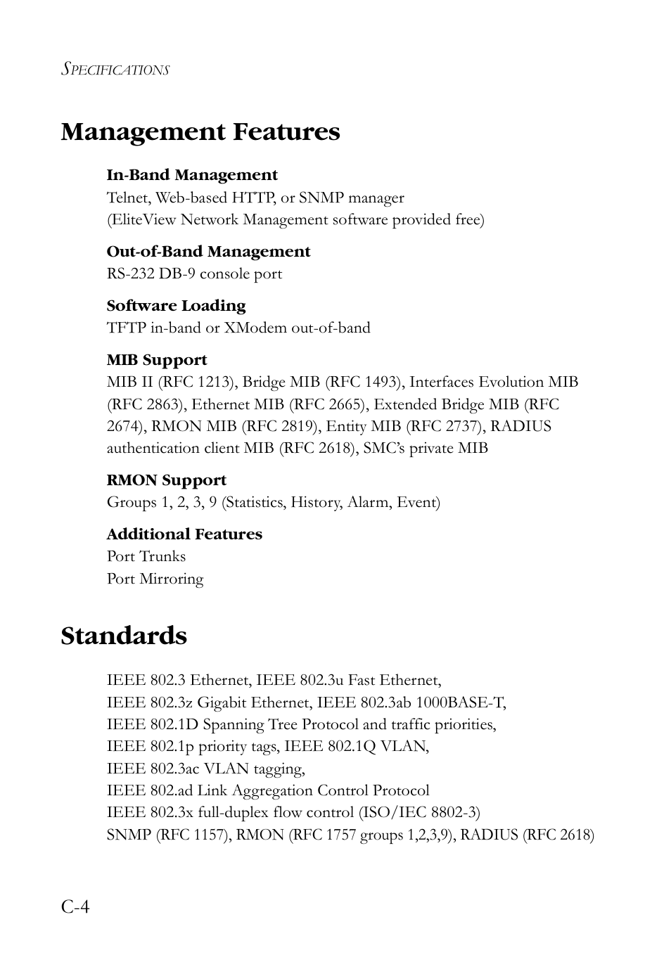 Management features, Standards | SMC Networks SMCBGSLCX1 User Manual | Page 62 / 78