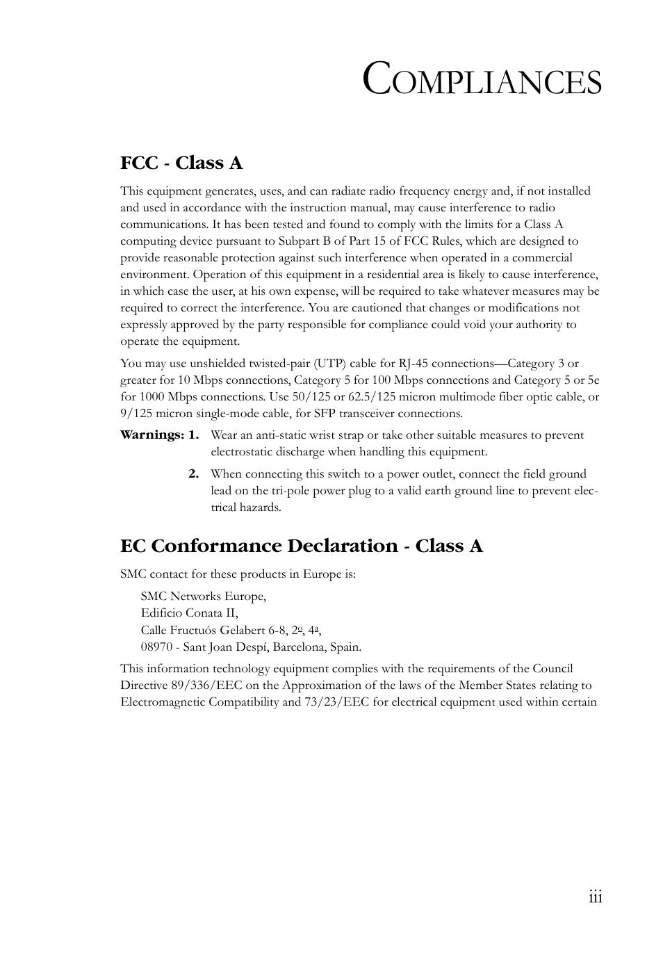 Ompliances, Fcc - class a, Ec conformance declaration - class a | SMC Networks SMCBGSLCX1 User Manual | Page 7 / 78