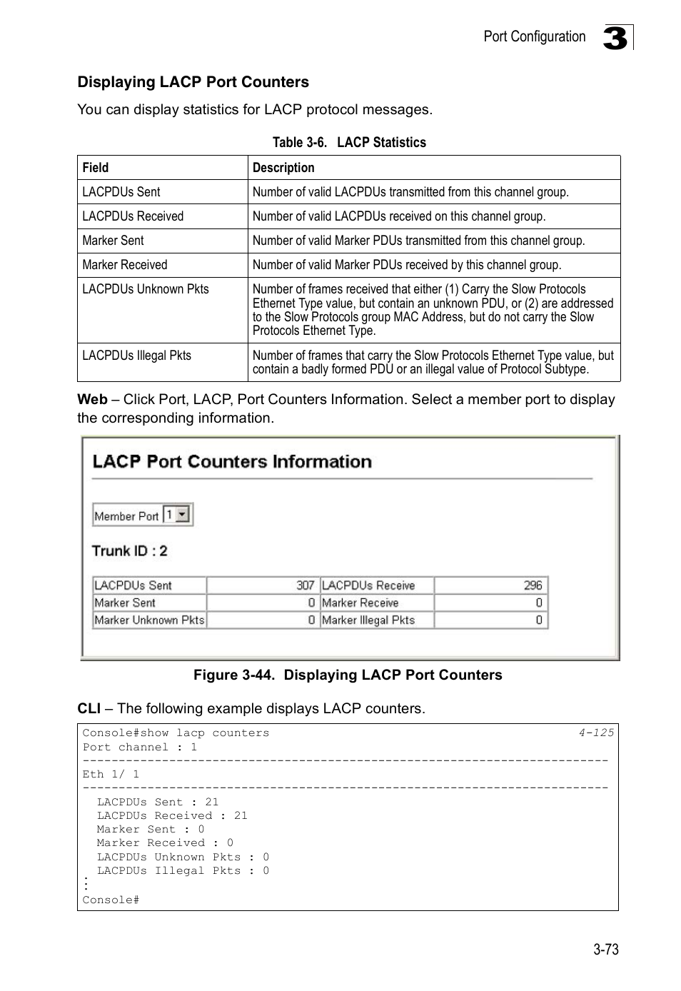 Displaying lacp port counters, Table 3-6, Lacp statistics | Figure 3-44. displaying lacp port counters | SMC Networks 16 10BASE-T User Manual | Page 109 / 384