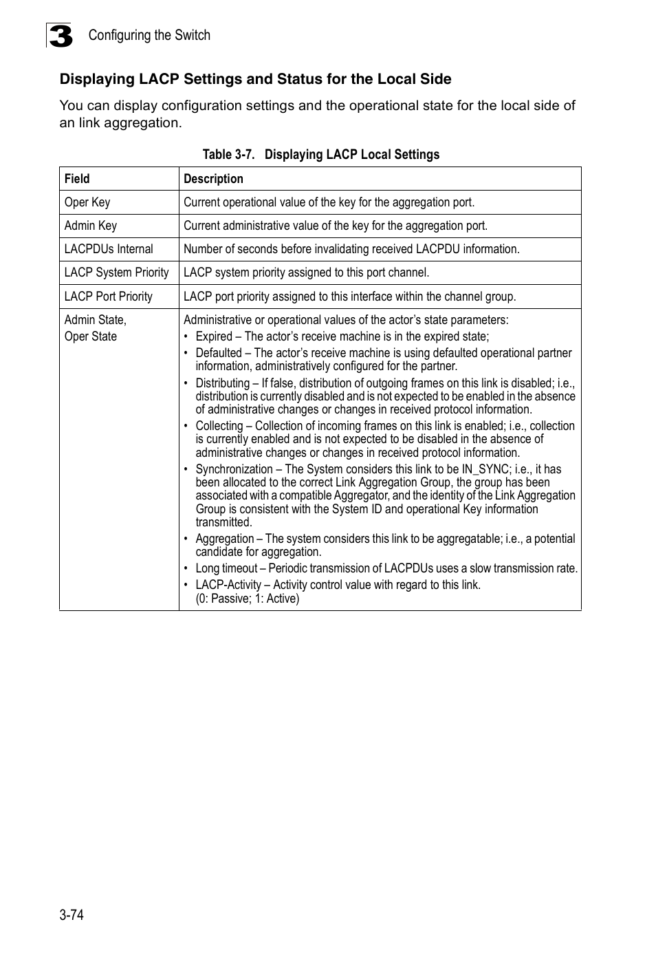 Table 3-7, Displaying lacp local settings | SMC Networks 16 10BASE-T User Manual | Page 110 / 384