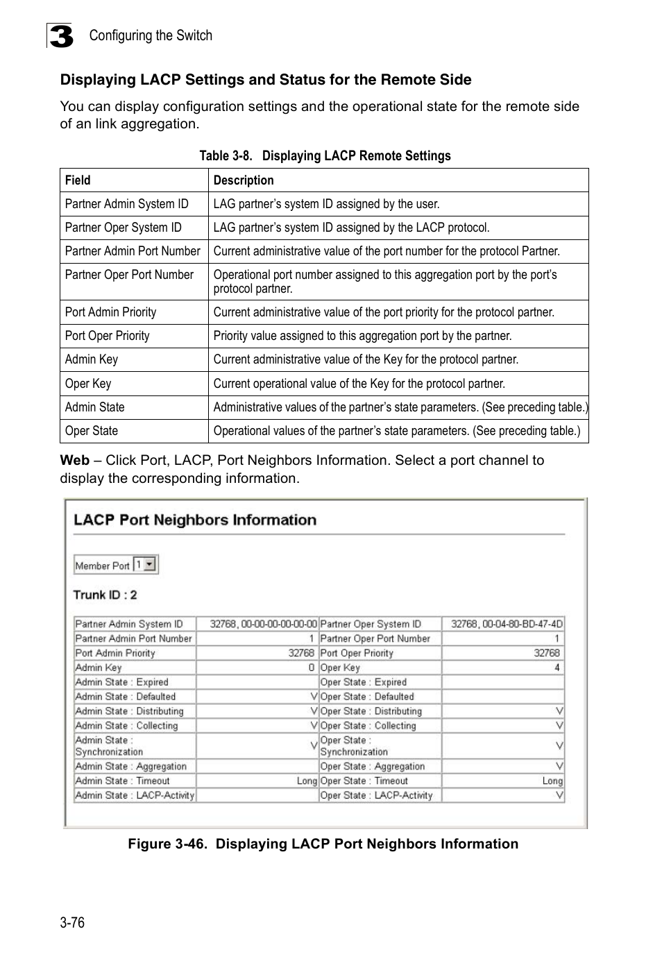 Table 3-8, Displaying lacp remote settings | SMC Networks 16 10BASE-T User Manual | Page 112 / 384