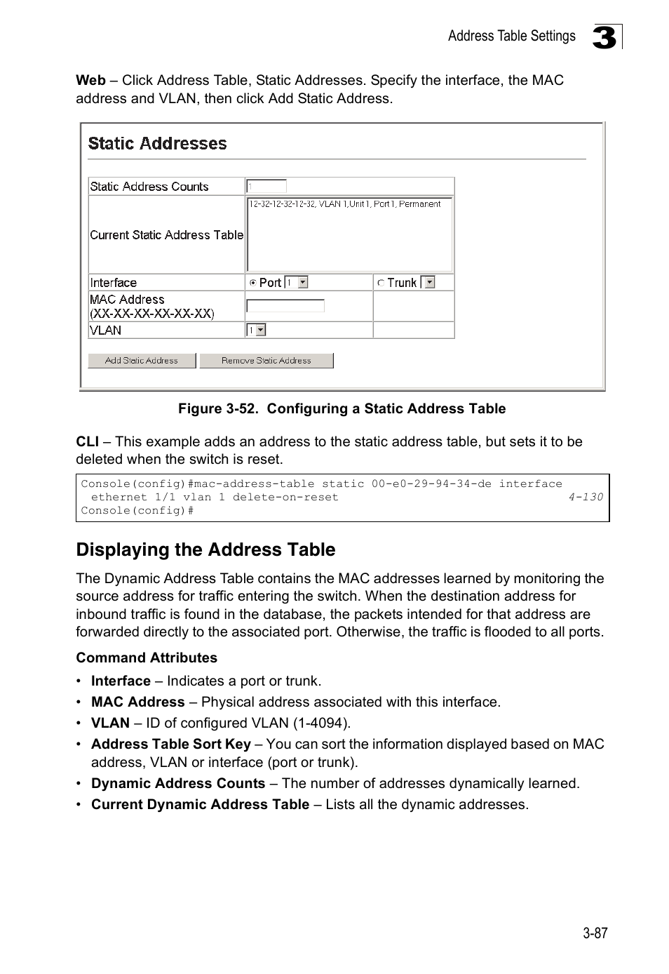 Displaying the address table, Figure 3-52. configuring a static address table | SMC Networks 16 10BASE-T User Manual | Page 123 / 384