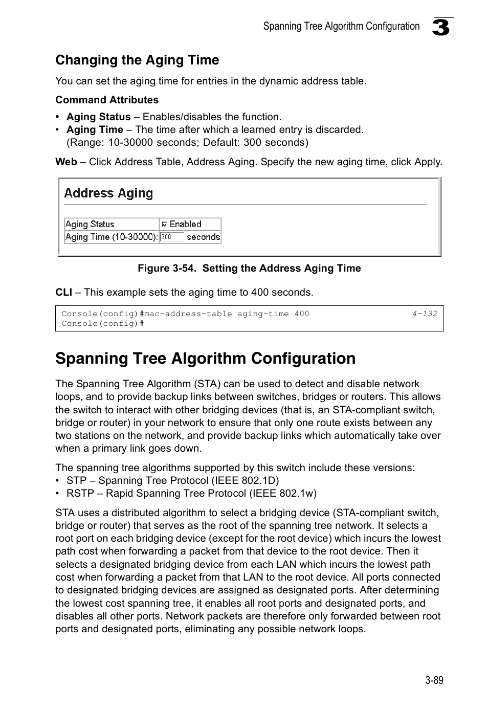 Changing the aging time, Spanning tree algorithm configuration, Figure 3-54. setting the address aging time | SMC Networks 16 10BASE-T User Manual | Page 125 / 384
