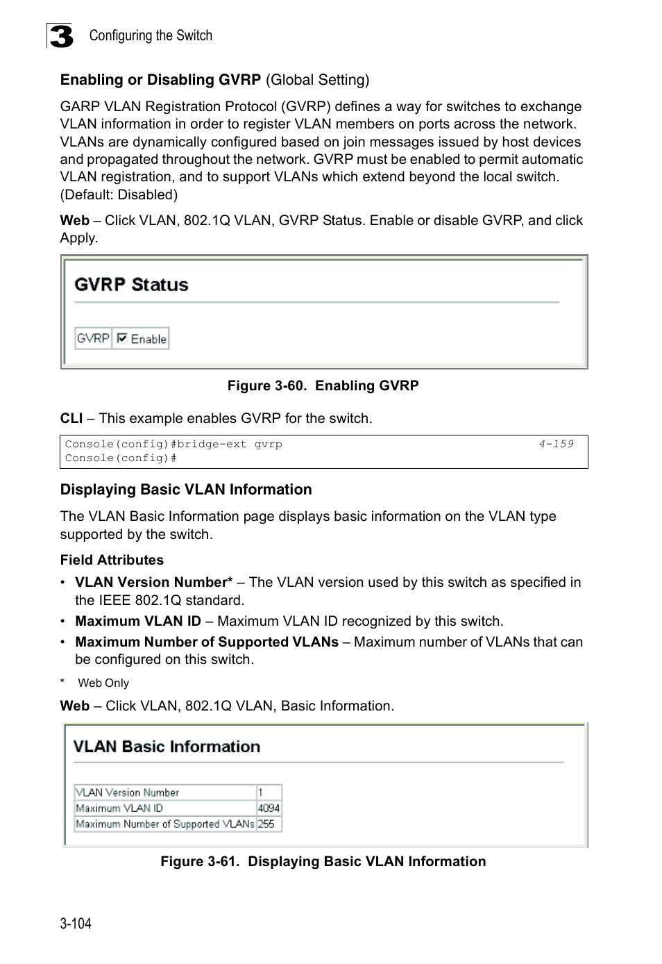 Enabling or disabling gvrp (global setting), Displaying basic vlan information, Figure 3-60. enabling gvrp | Figure 3-61. displaying basic vlan information | SMC Networks 16 10BASE-T User Manual | Page 140 / 384