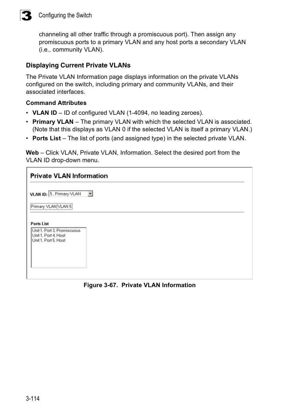Displaying current private vlans, Figure 3-67. private vlan information | SMC Networks 16 10BASE-T User Manual | Page 150 / 384