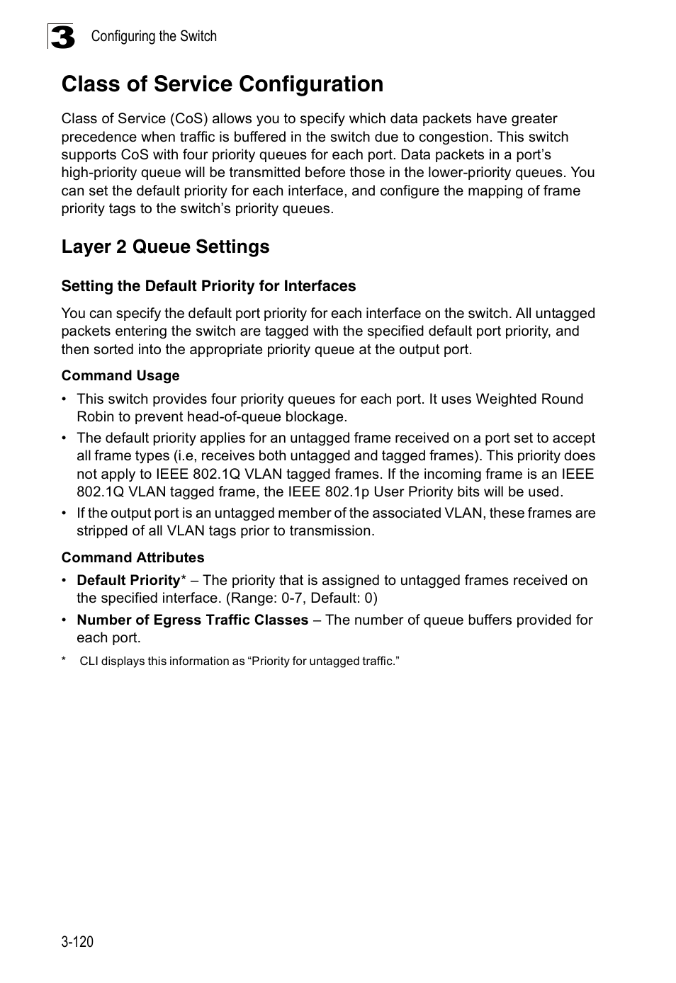 Class of service configuration, Layer 2 queue settings, Setting the default priority for interfaces | SMC Networks 16 10BASE-T User Manual | Page 156 / 384