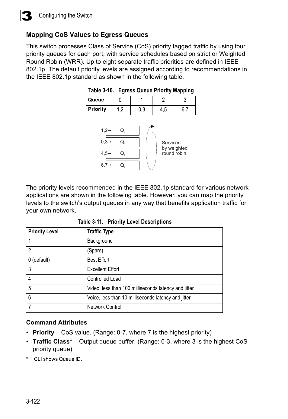 Mapping cos values to egress queues, Table 3-10, Egress queue priority mapping | Table 3-11, Priority level descriptions | SMC Networks 16 10BASE-T User Manual | Page 158 / 384