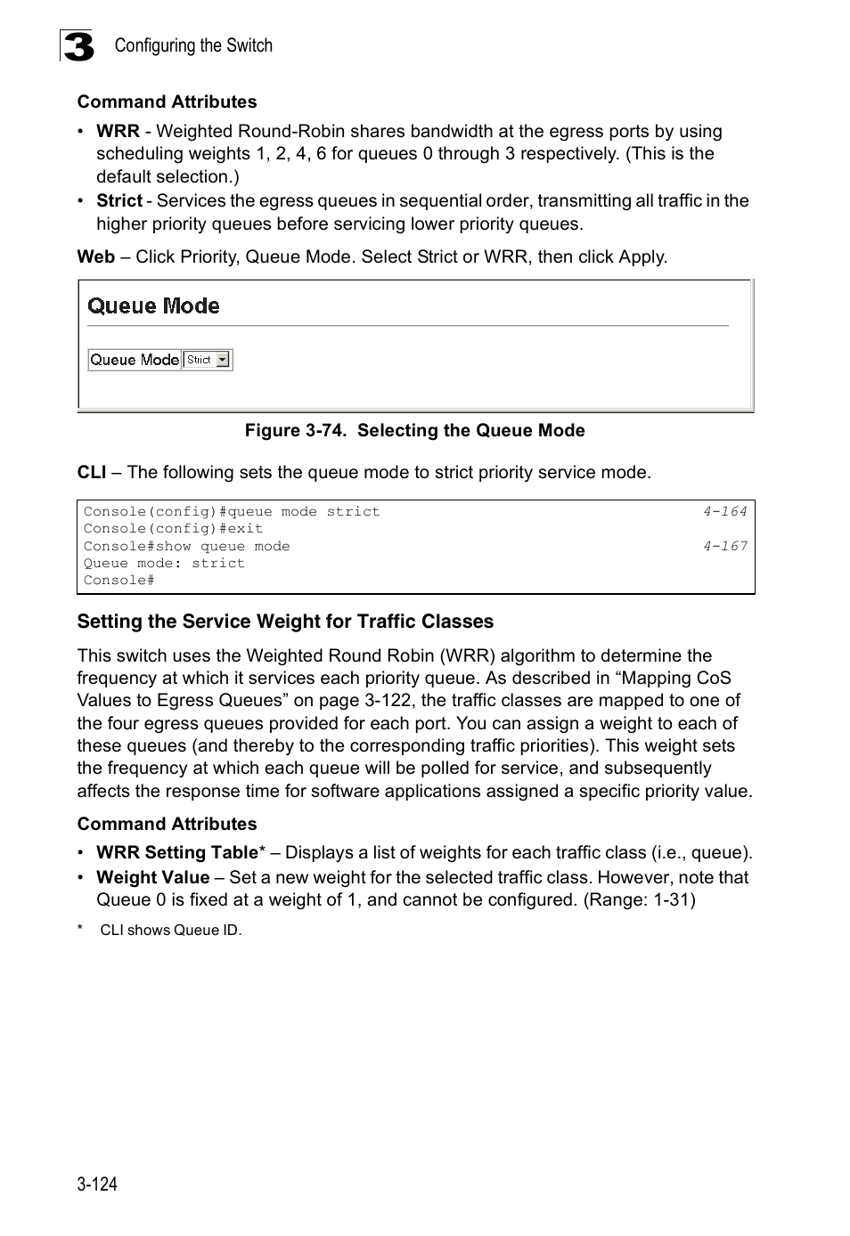 Setting the service weight for traffic classes, Figure 3-74. selecting the queue mode | SMC Networks 16 10BASE-T User Manual | Page 160 / 384