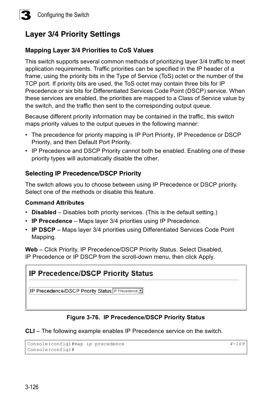 Layer 3/4 priority settings, Mapping layer 3/4 priorities to cos values, Selecting ip precedence/dscp priority | Figure 3-76. ip precedence/dscp priority status | SMC Networks 16 10BASE-T User Manual | Page 162 / 384