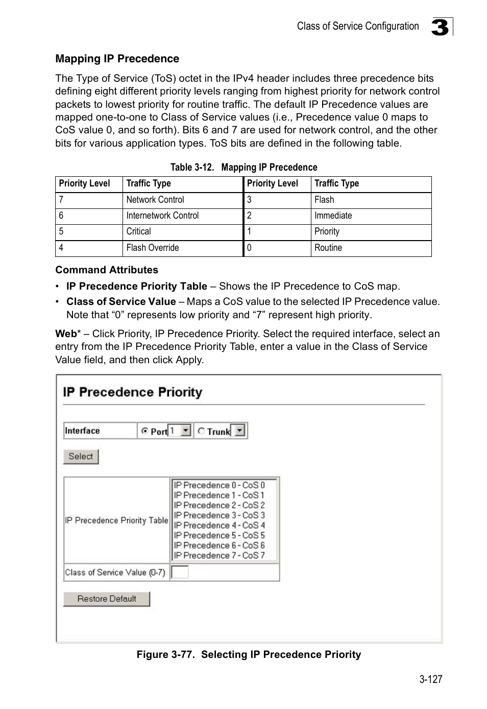 Mapping ip precedence, Table 3-12, Figure 3-77. selecting ip precedence priority | SMC Networks 16 10BASE-T User Manual | Page 163 / 384