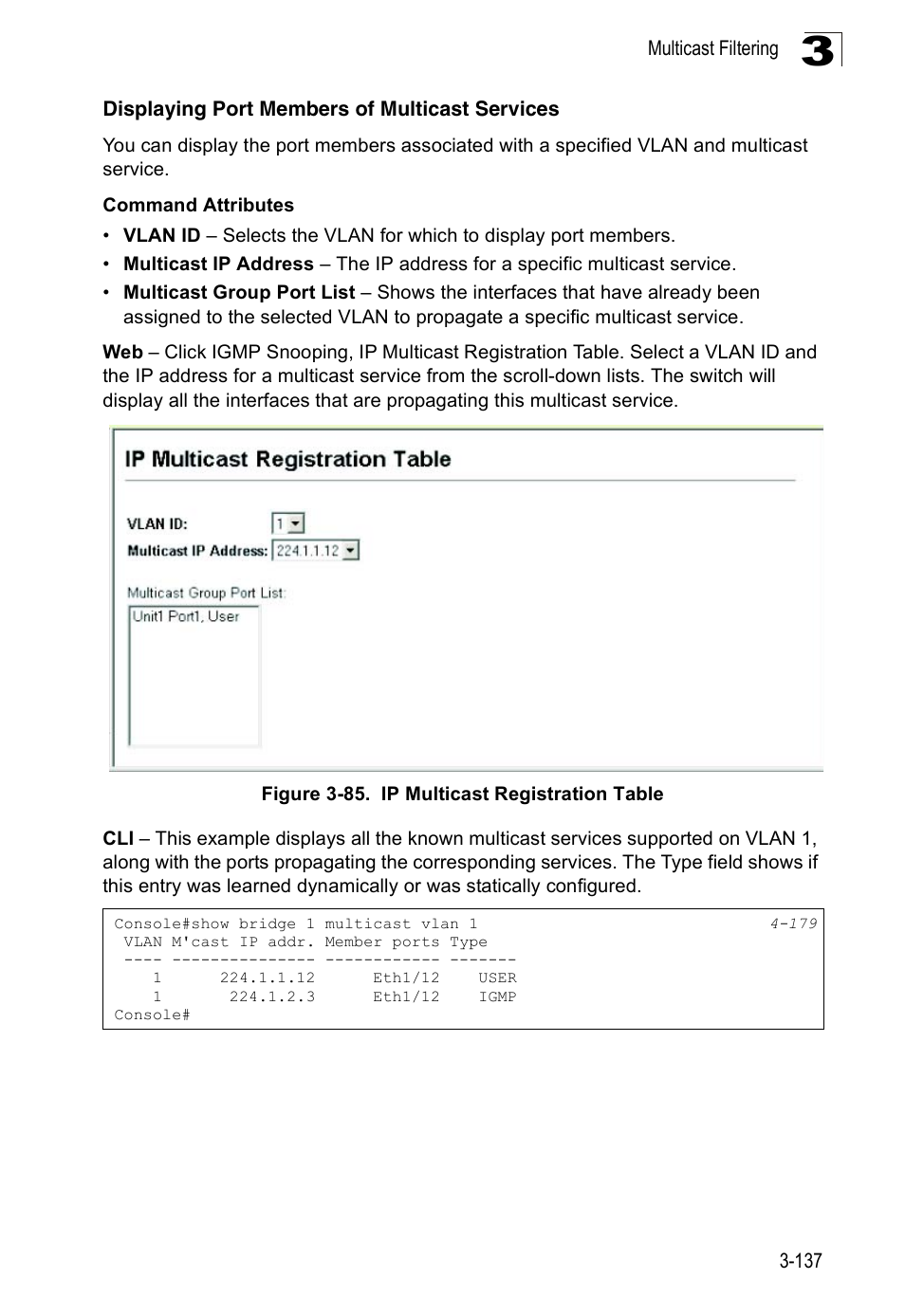 Displaying port members of multicast services, Figure 3-85. ip multicast registration table | SMC Networks 16 10BASE-T User Manual | Page 173 / 384