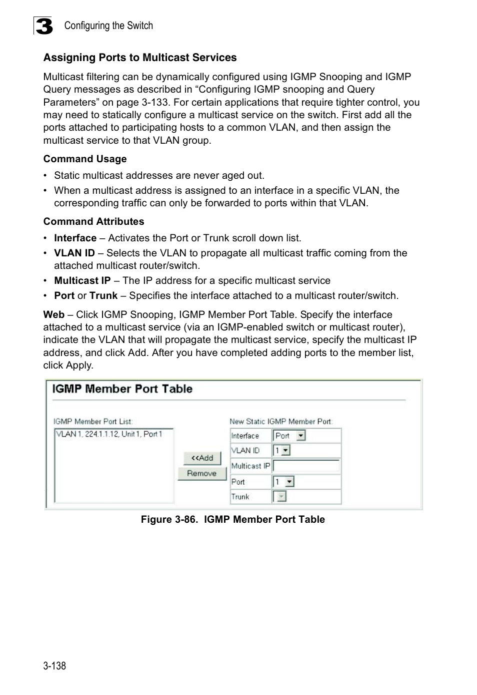 Assigning ports to multicast services, Figure 3-86. igmp member port table | SMC Networks 16 10BASE-T User Manual | Page 174 / 384