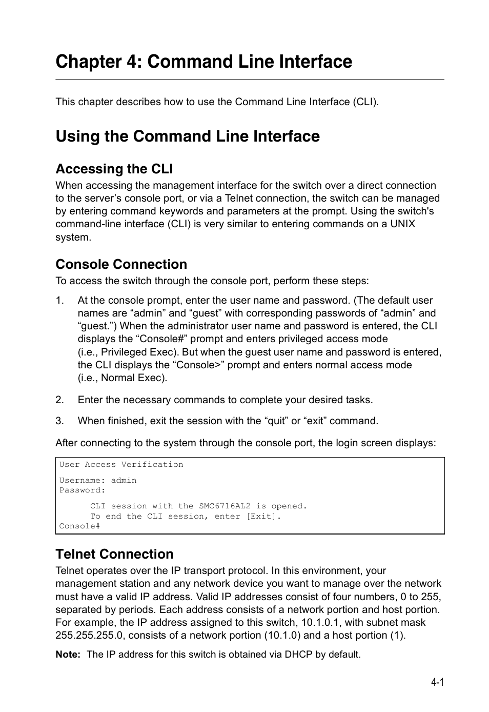 Chapter 4: command line interface, Using the command line interface, Accessing the cli | Console connection, Telnet connection, Chapter 4: “command line interface | SMC Networks 16 10BASE-T User Manual | Page 177 / 384