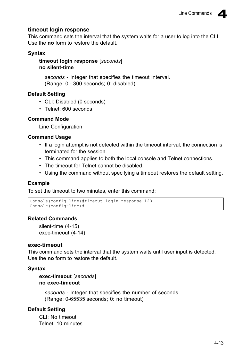 Timeout login response, Exec-timeout, Exec-timeout 4-13 | SMC Networks 16 10BASE-T User Manual | Page 189 / 384