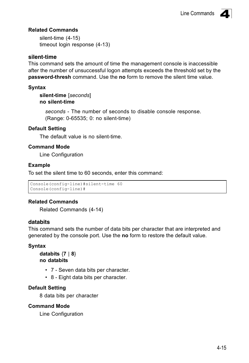 Silent-time, Databits, Silent-time 4-15 databits 4-15 | SMC Networks 16 10BASE-T User Manual | Page 191 / 384