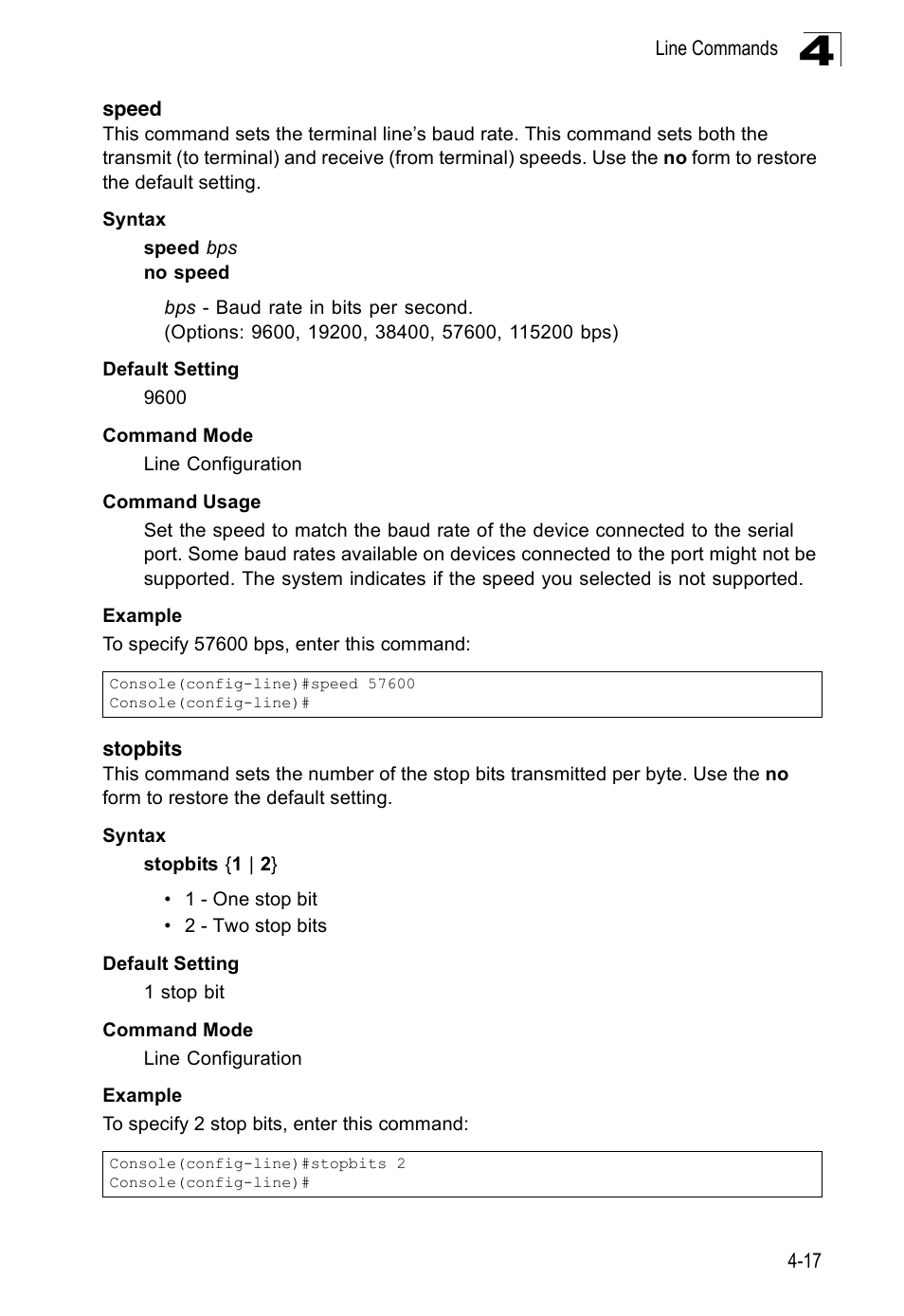 Speed, Stopbits, Speed 4-17 stopbits 4-17 | SMC Networks 16 10BASE-T User Manual | Page 193 / 384