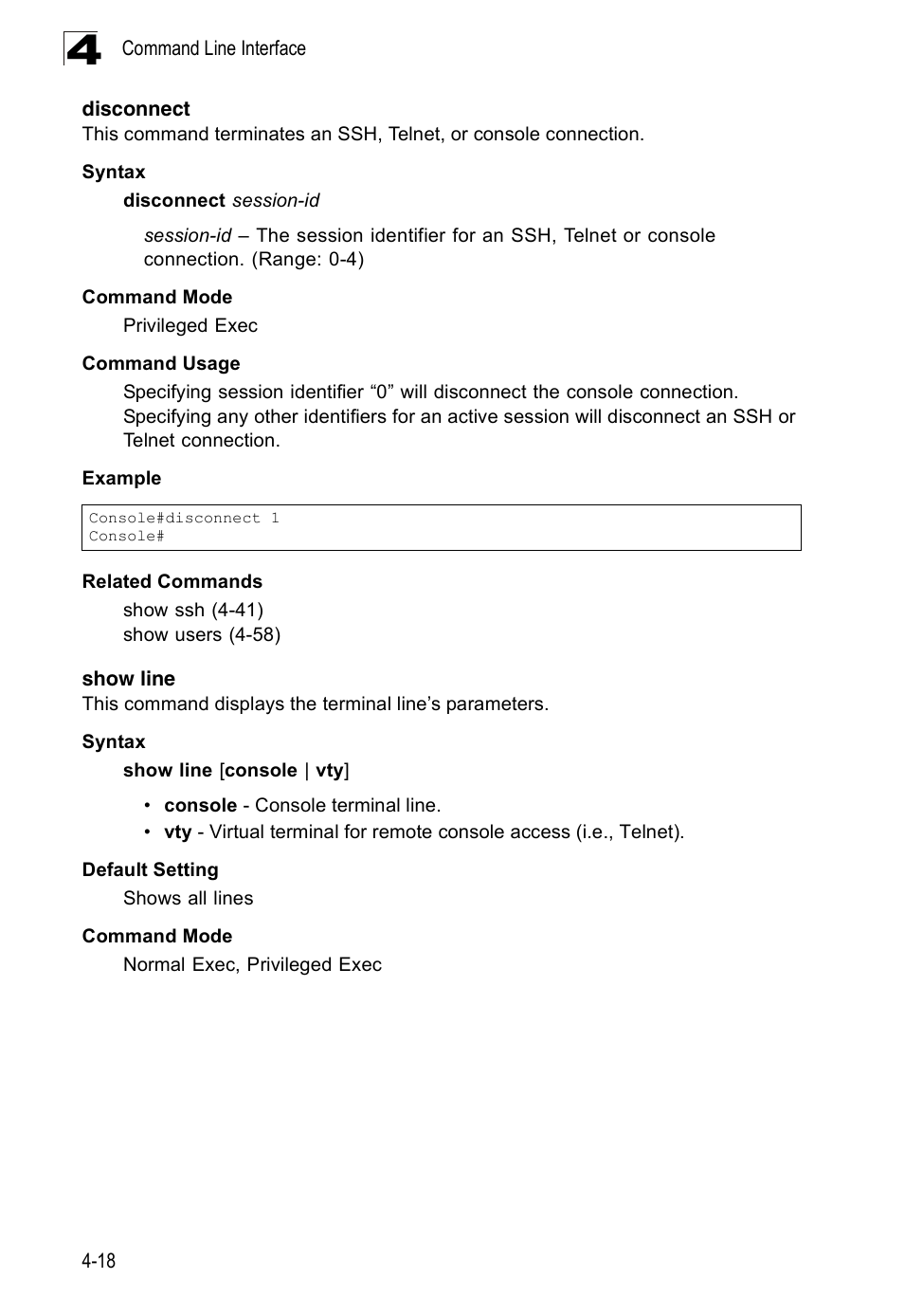 Disconnect, Show line, Disconnect 4-18 show line | SMC Networks 16 10BASE-T User Manual | Page 194 / 384