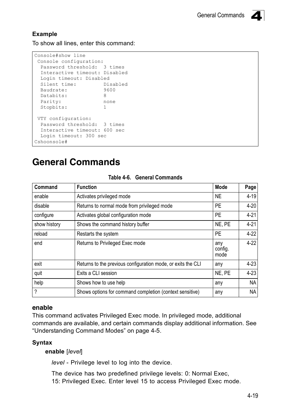 General commands, Enable, Enable 4-19 | Table 4-6 | SMC Networks 16 10BASE-T User Manual | Page 195 / 384