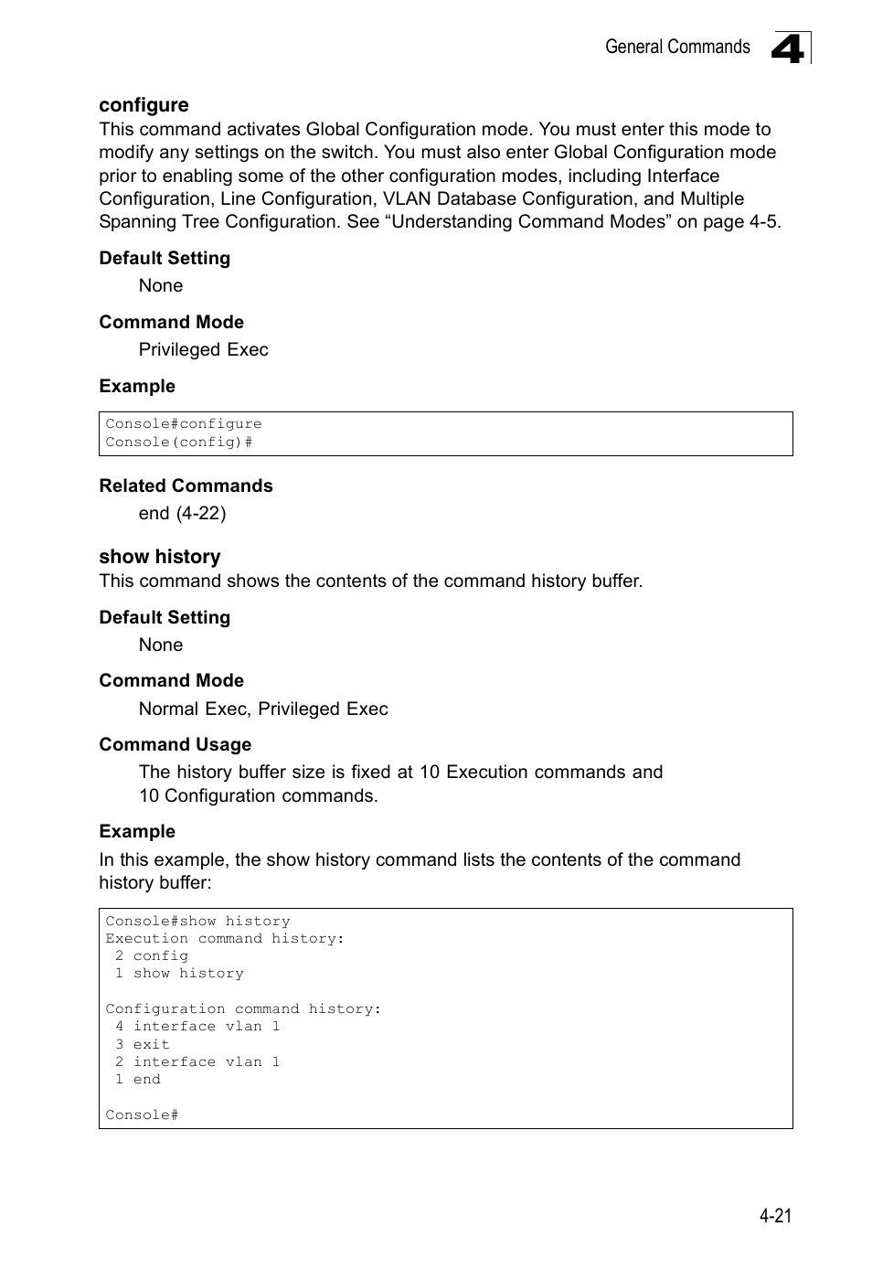 Configure, Show history, Configure 4-21 show history | SMC Networks 16 10BASE-T User Manual | Page 197 / 384