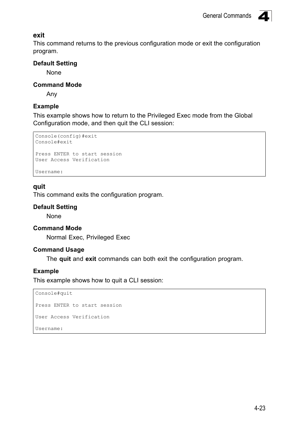 Exit, Quit, Exit 4-23 quit 4-23 | SMC Networks 16 10BASE-T User Manual | Page 199 / 384